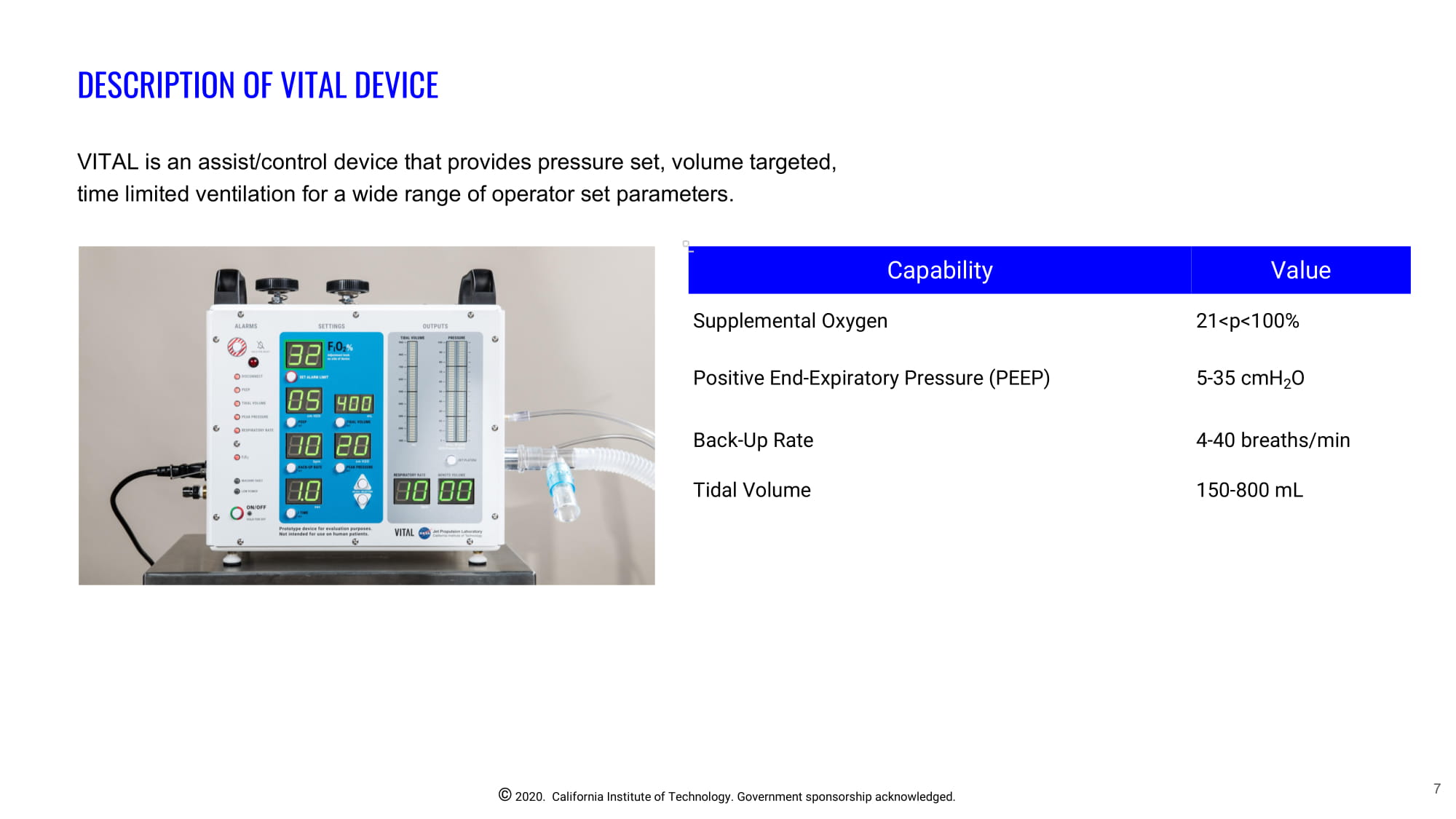 Slide 7: INTENDED USE ENVIRONMENT: The target patient population may or may not have access to traditional hospital settings.  Therefore, the VITAL device would need to handle the dirt and dust of a ﬁeld setting similar to the EMS Use Environment, but would operate in an environment with relatively benign temperature and water exposure.  Moreover, the devices do not need to travel with the patients between venues (EMS ventilators can be used for that role), so the VITAL device does not need to operate while moving.
